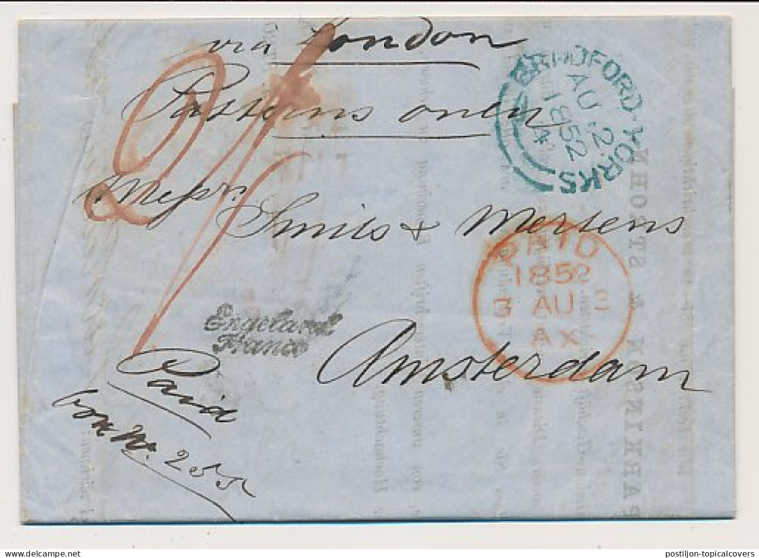 Bradford GB / UK - Amsterdam 1852 - Engeland Franco - ...-1852 Préphilatélie