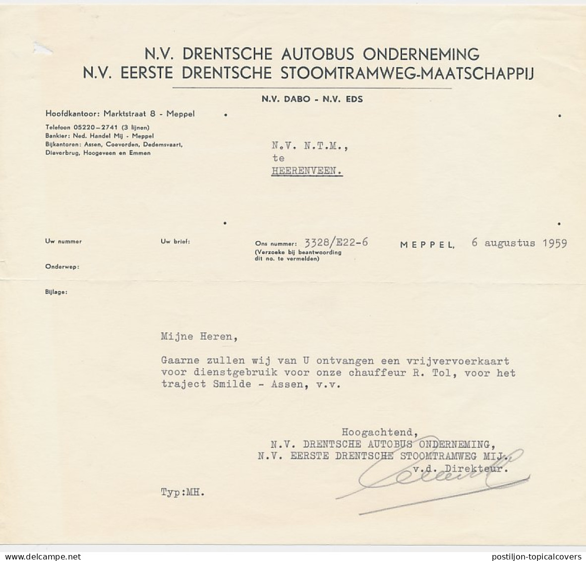 Brief Meppel 1959 - Eerste Drentsche Stoomtramweg Maatschappij  - Paesi Bassi