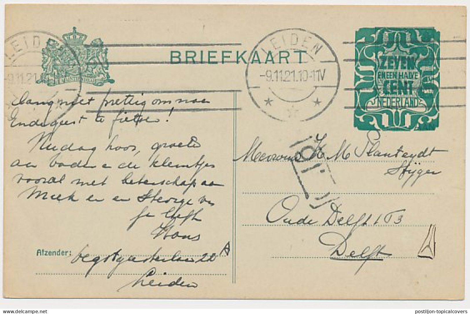 Briefkaart G. 168 A I Leiden - Delft 1921 - Entiers Postaux
