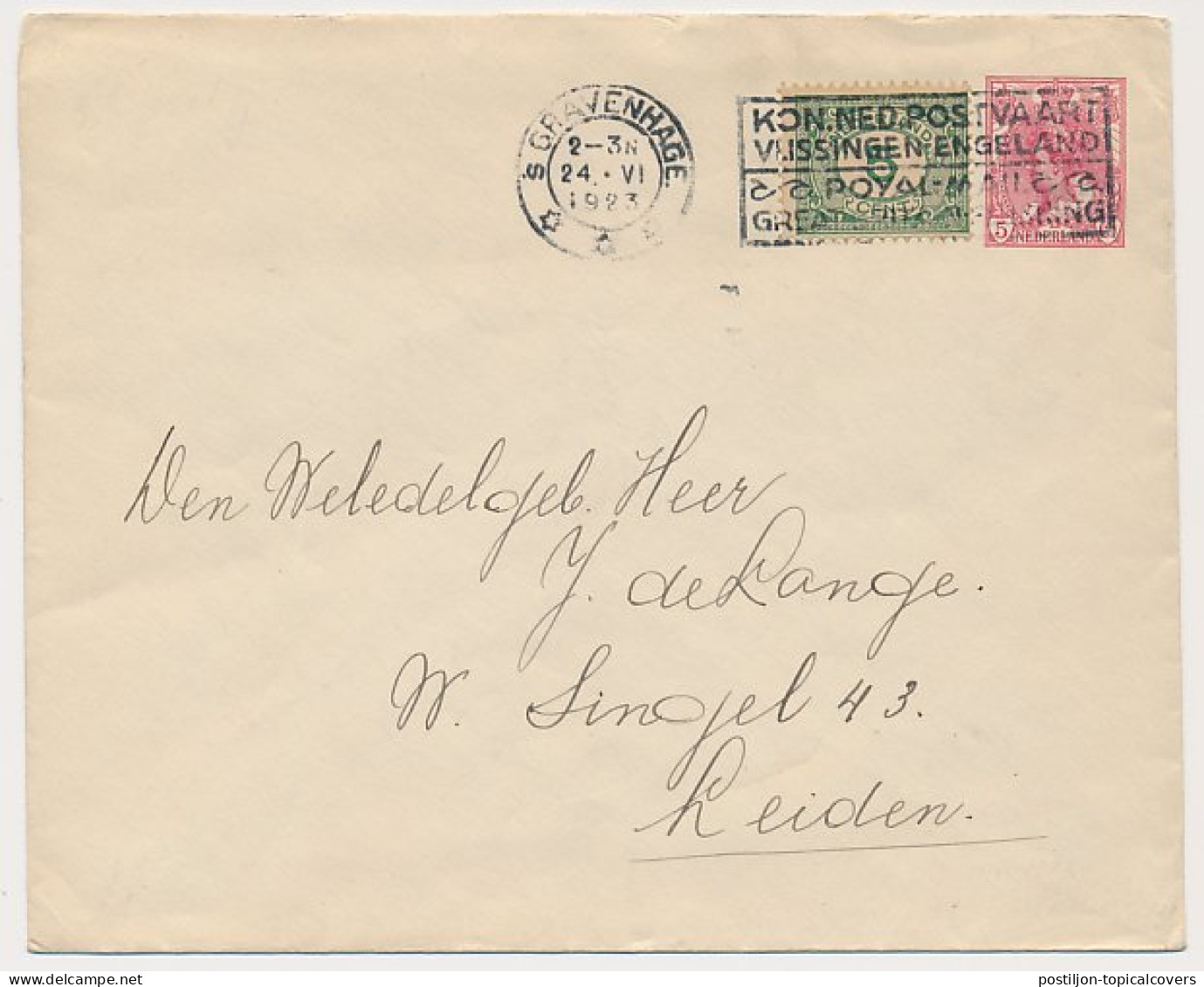 Envelop G. 20 / Bijfrankering S Gravenhage - Leiden 1923 - Entiers Postaux