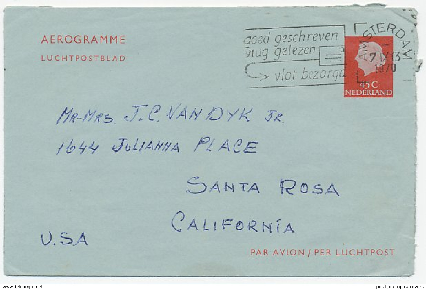 Luchtpostblad G. 20 Amsterdam - Santa Rosa USA 1970 - Postal Stationery