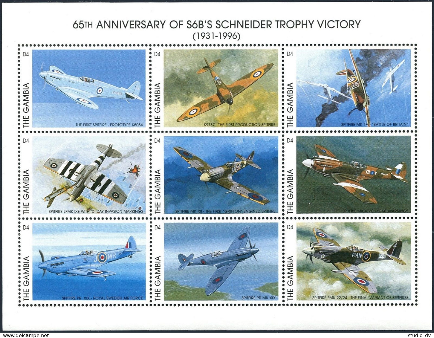Gambia 1823 Af Sheet, MNH. Super-marine Schneider Trophy Victory, 1996. Aircraft - Gambia (1965-...)