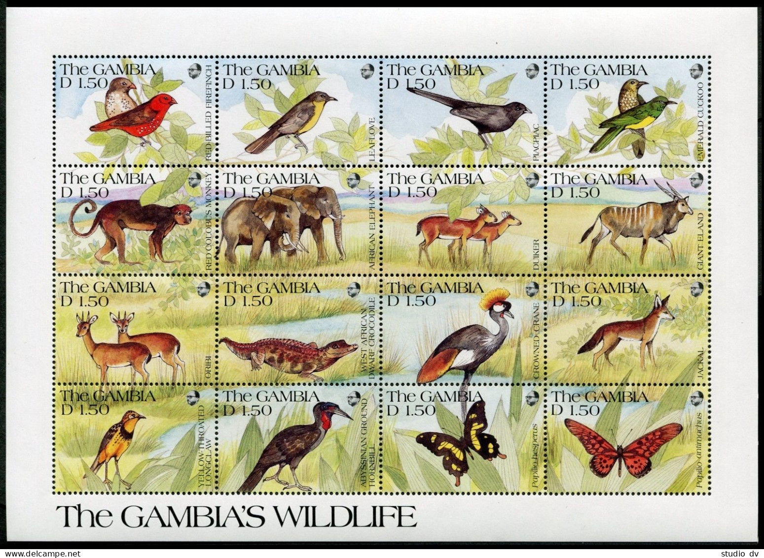 Gambia 1063 Ap Sheet,MNH.Mi 1129-1144. Wildlife 1991.Birds,Mammals,Butterflies. - Gambia (1965-...)