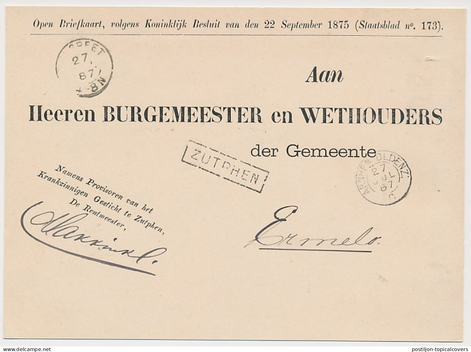 Trein Haltestempel Zutphen 1887 - Lettres & Documents