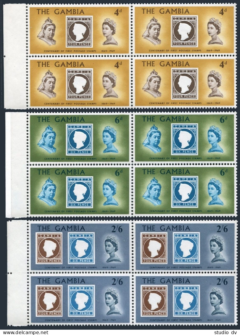 Gambia 238-240 Blocks/4,MNH. Mi 233-235. Gambian Postage Stamps,100,1969.Queens. - Gambia (1965-...)