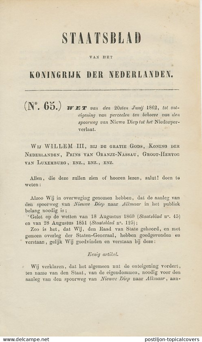 Staatsblad 1862 : Spoorlijn Nieuwe Diep - Niedorperverlaat - Historical Documents