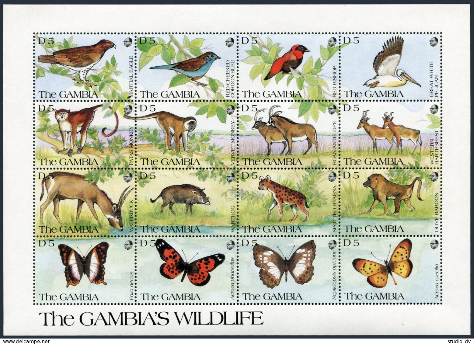 Gambia 1064 Ap Sheet,MNH.Michel 1145-1160 Klb.Fauna 1991.Birds,Mammals,Butterfly - Gambie (1965-...)