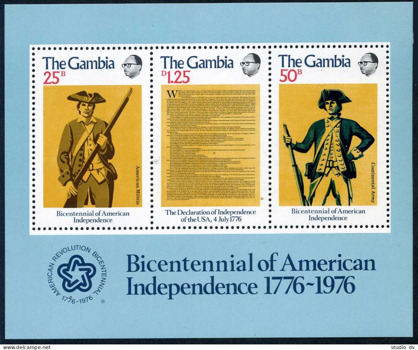 Gambia 337a Sheet,MNH. Mi Bl.1. American Bicentennial, 1976. Uniforms:Militiaman - Gambia (1965-...)