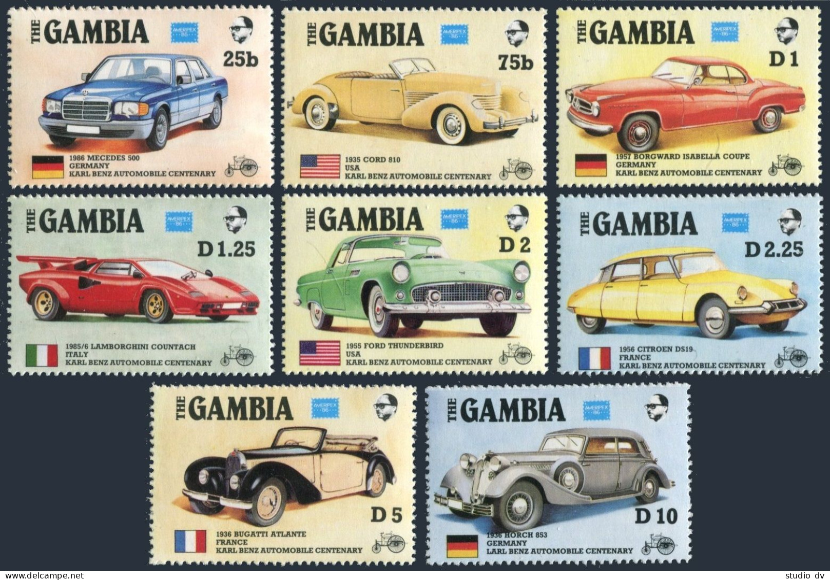 Gambia 620-627,MNH.Michel 626-633. AMERIPEX-1986.Karl Benz Automobile-100. - Gambia (1965-...)