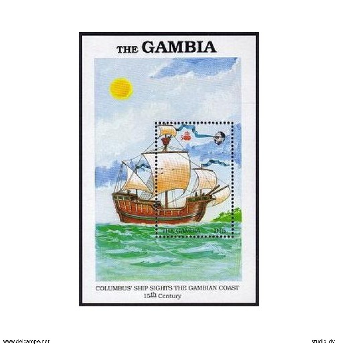 Gambia 797, MNH. Mi 816 Bl.56. European Ship Off Gambian Coast. Columbus, 1988. - Gambia (1965-...)
