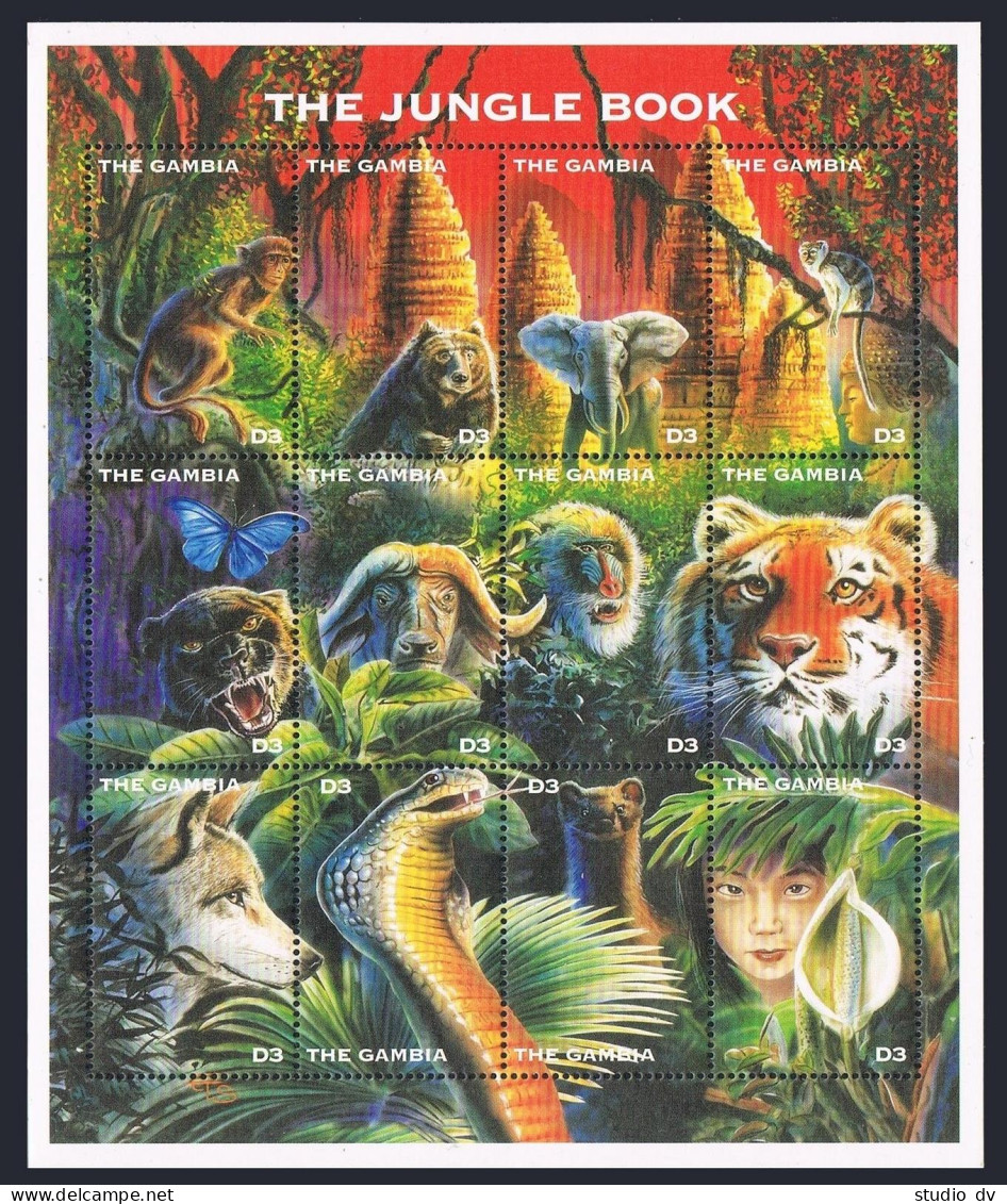 Gambia 1875 Al Sheet, MNH. The Jungle Book, 1997. Animals, Butterfly. - Gambie (1965-...)