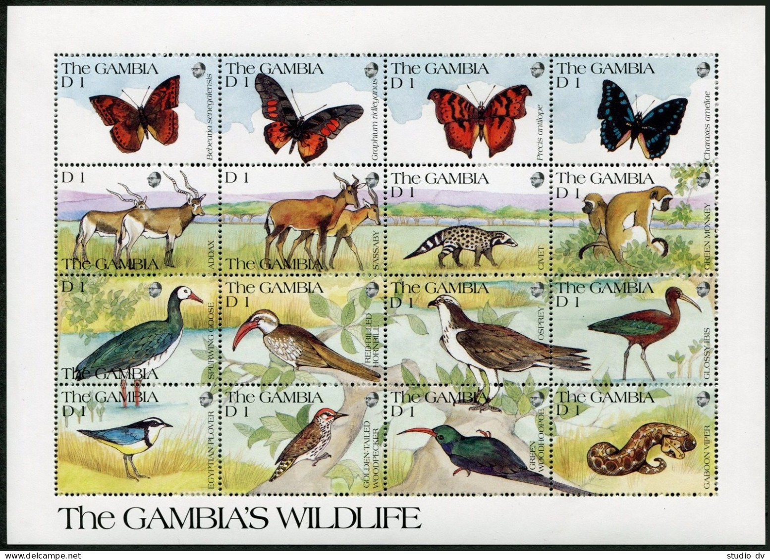 Gambia 1062-1067,MNH. Wildlife 1991:Bird,Butterflies,Hippopotamus,Lion,Crocodile - Gambie (1965-...)