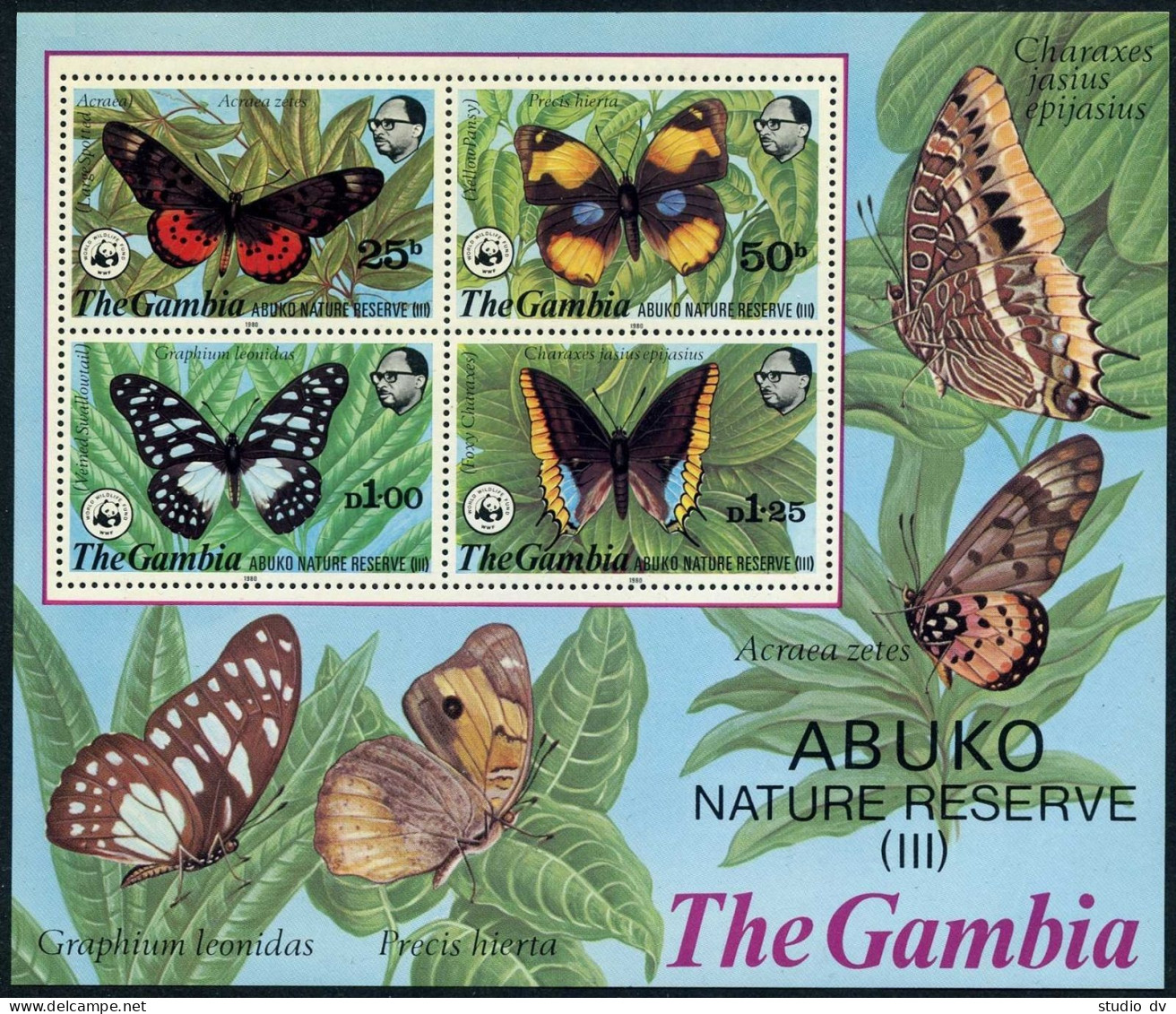Gambia 404-407,407a, MNH. Mi 402-405, Bl.5. WWF 1980. Abuko Reserve:Butterflies. - Gambia (1965-...)