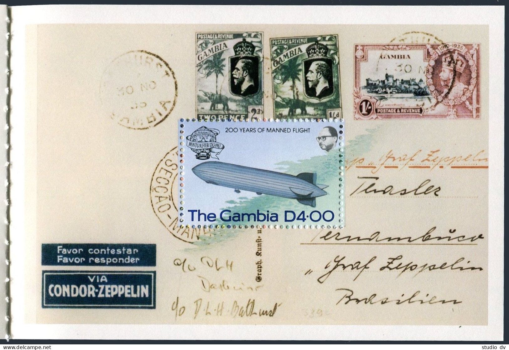 Gambia 493-497 Booklet, MNH. Manned Flight-200, 1983. Zeppelin,Balloon,Airplane. - Gambia (1965-...)