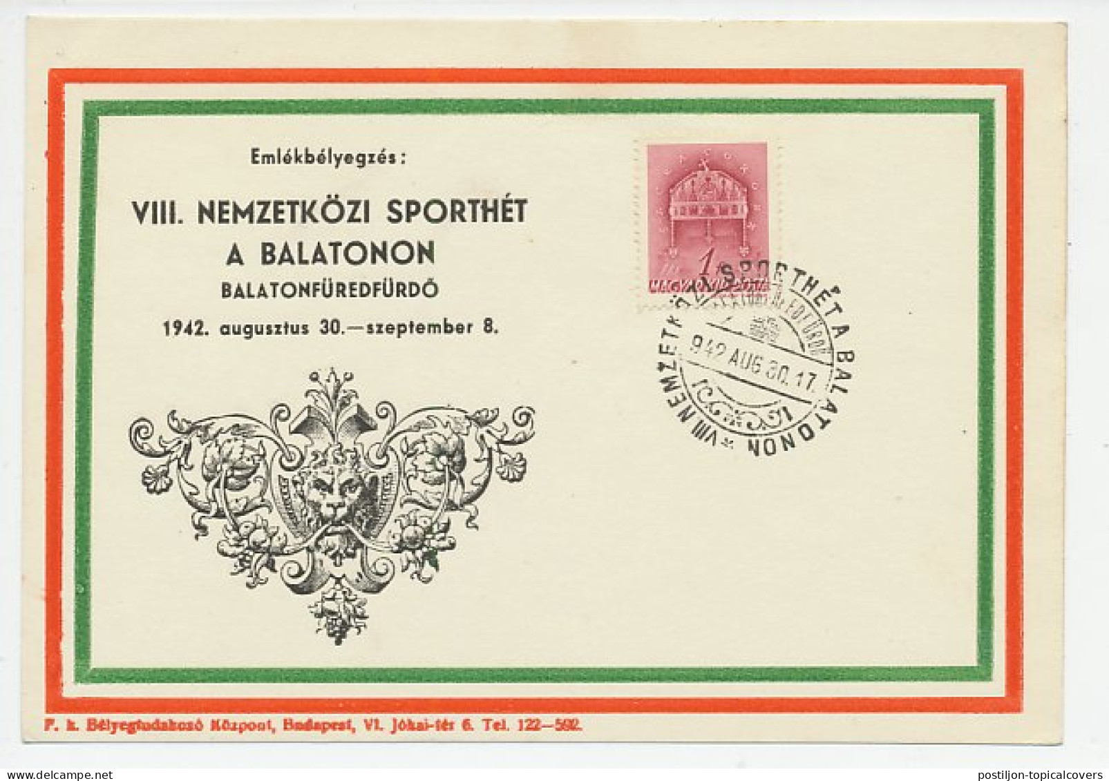 Postcard / Postmark Hungary 1942 International Sports Week At Lake Balaton - Other & Unclassified