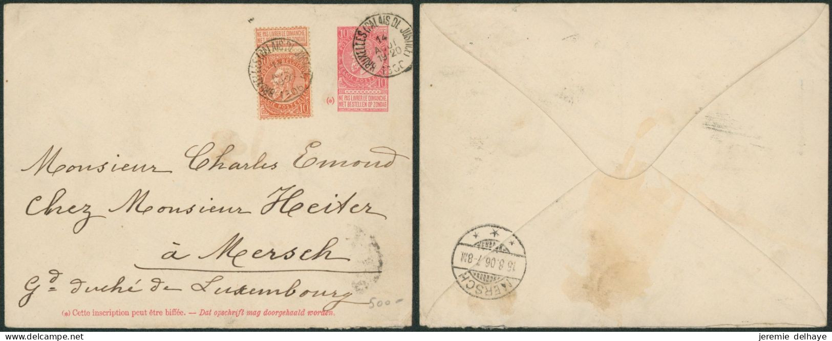 EP Au Type Env. 10ctm Rouge + N°57 Obl Simple Cercle "Bruxelles (palais De Justice)" > Mersch (Gd. Luxembourg) / Tarif ! - 1893-1900 Thin Beard