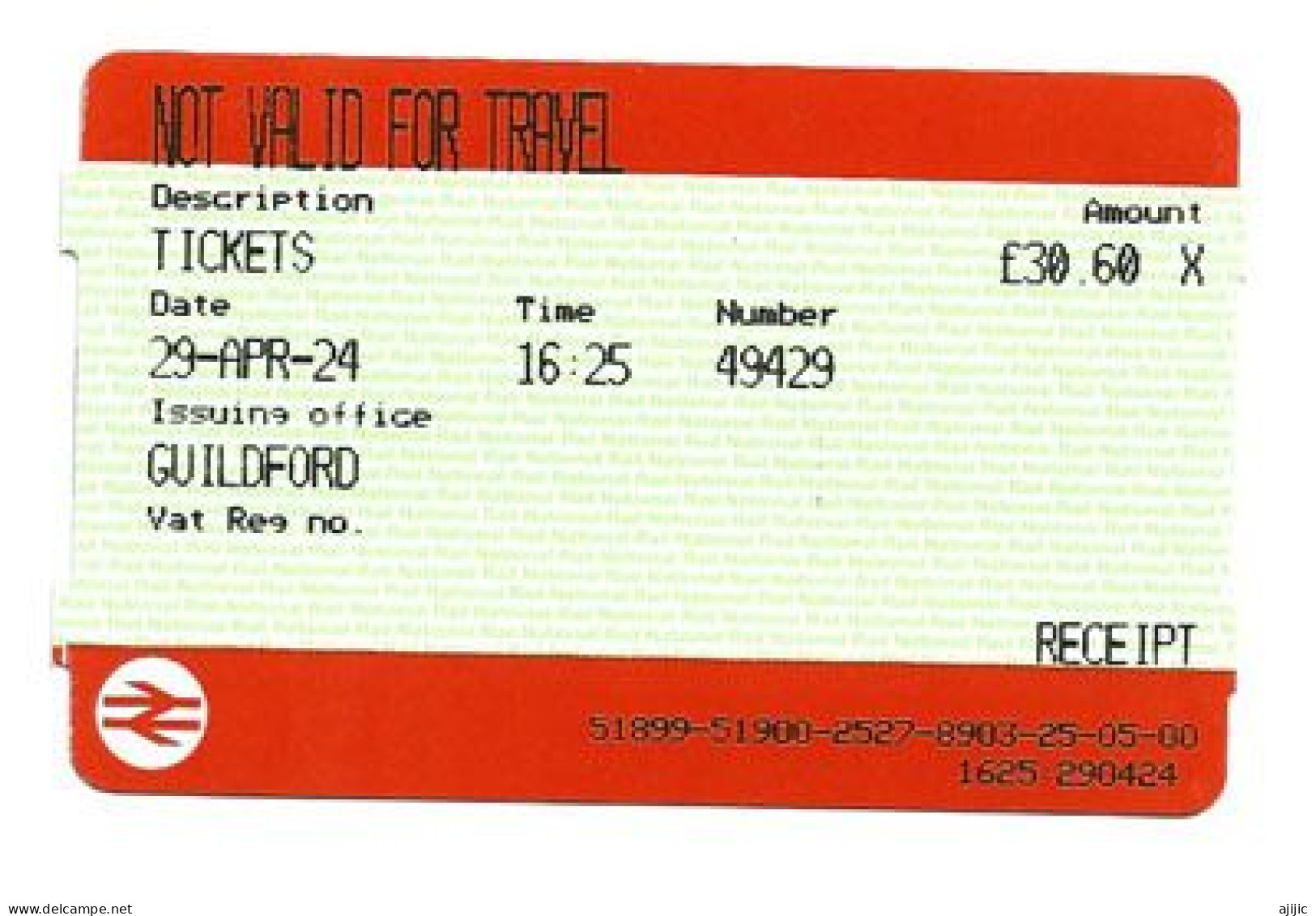 GUILFORD. West Surrey, ENGLAND.  Railway Ticket - Europe