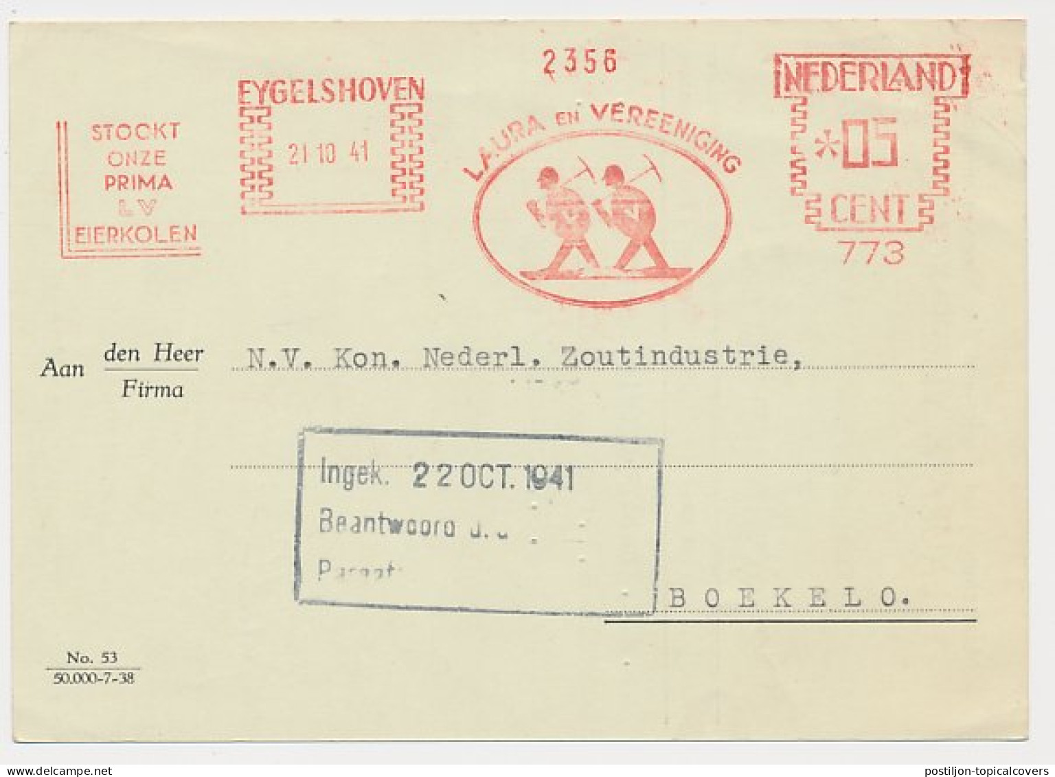 Meter Card Netherlands 1941 Coal - Miners - Ovoids - Eygelshoven - Other & Unclassified