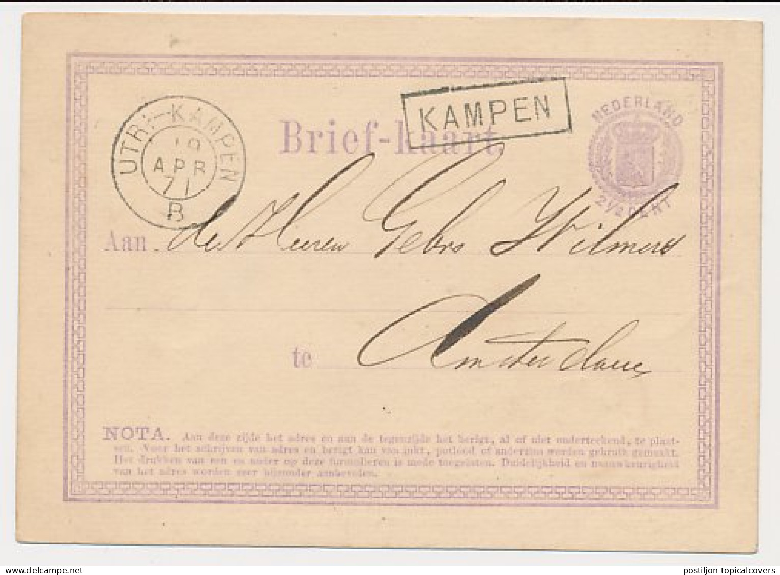 Trein Haltestempel Kampen 1871 - Covers & Documents
