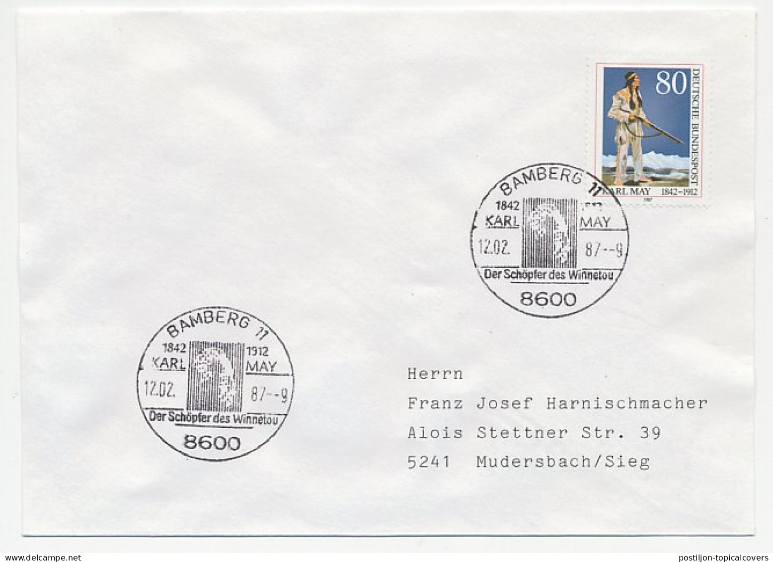 Cover / Postmark Germany 1987 Karl May - Writer - Indian - Winnetou - Indiens D'Amérique