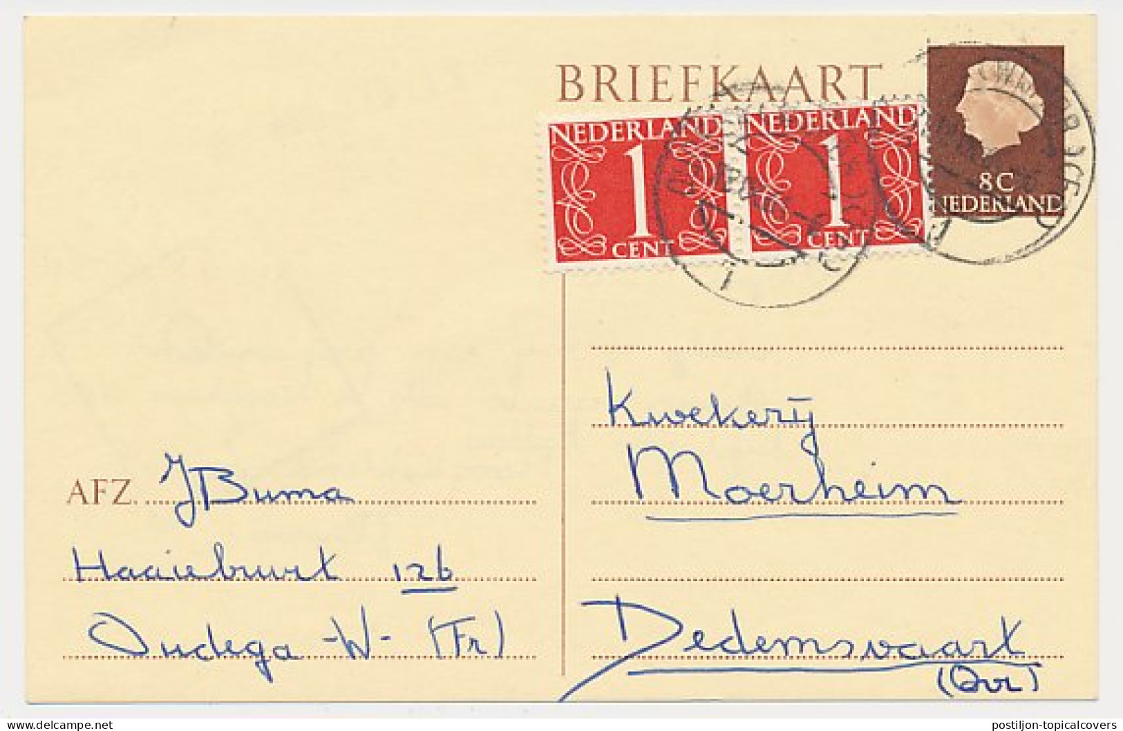 Briefkaart G. 325 / Bijfrankering Oudega - Dedemsvaart 1964 - Entiers Postaux