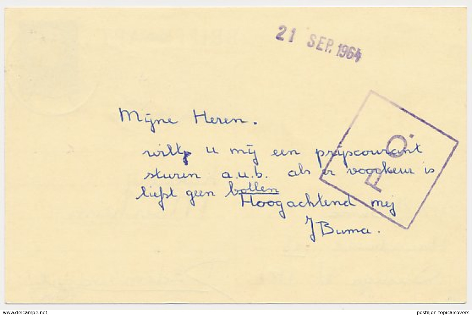 Briefkaart G. 325 / Bijfrankering Oudega - Dedemsvaart 1964 - Entiers Postaux