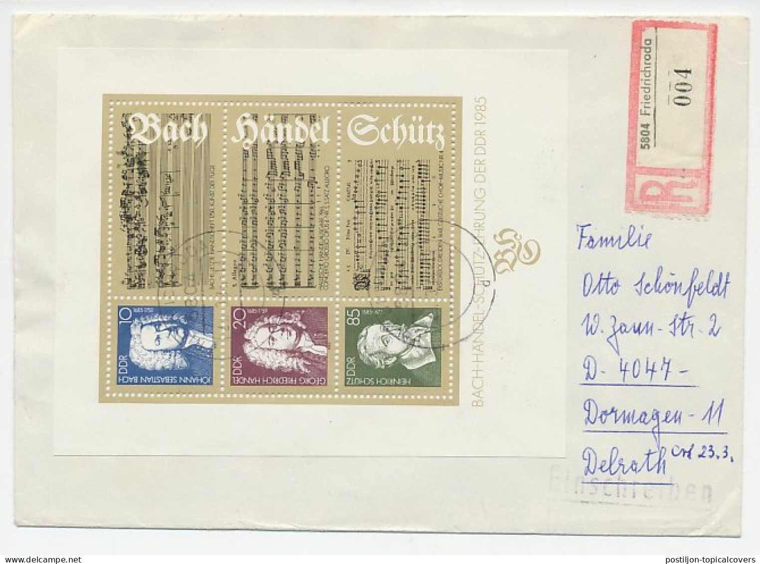 Registered Cover / Postmark Germany 1985 Bach - Handel - Schutz - Composers - Music