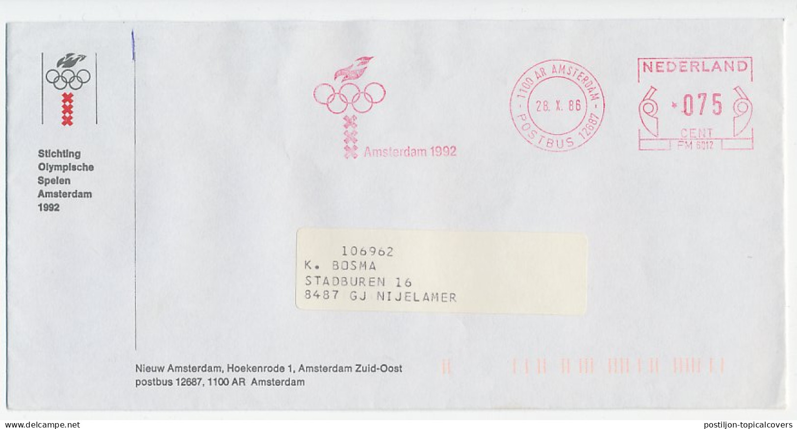 Meter Cover Netherlands 1986 Foundation Olympic Games Amsterdam 1992 - Candidacy - Other & Unclassified