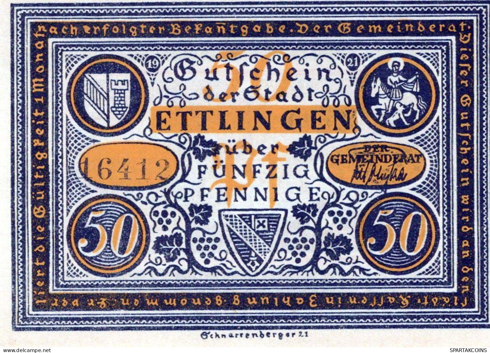 50 PFENNIG 1921 Stadt ETTLINGEN Baden UNC DEUTSCHLAND Notgeld Banknote #PB373 - [11] Local Banknote Issues