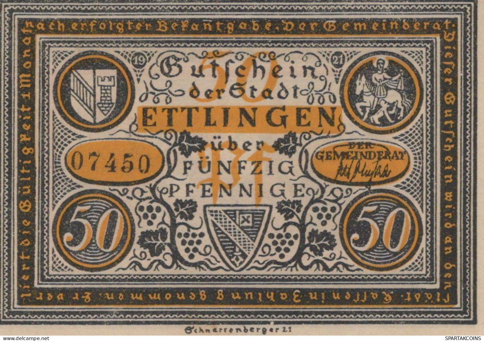 50 PFENNIG 1921 Stadt ETTLINGEN Baden UNC DEUTSCHLAND Notgeld Banknote #PB371 - [11] Local Banknote Issues