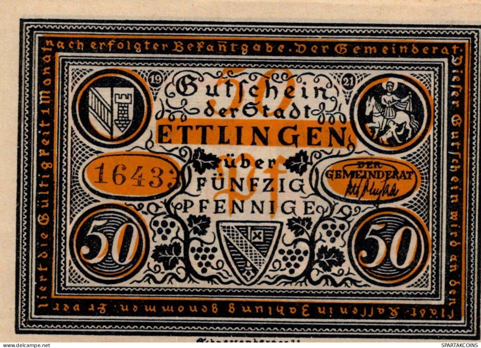 50 PFENNIG 1921 Stadt ETTLINGEN Baden UNC DEUTSCHLAND Notgeld Banknote #PB370 - [11] Local Banknote Issues