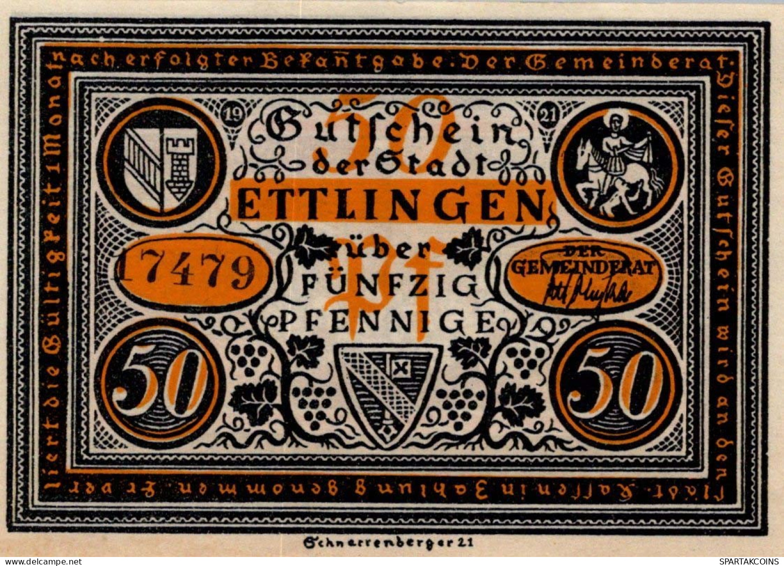 50 PFENNIG 1921 Stadt ETTLINGEN Baden UNC DEUTSCHLAND Notgeld Banknote #PB366 - [11] Local Banknote Issues