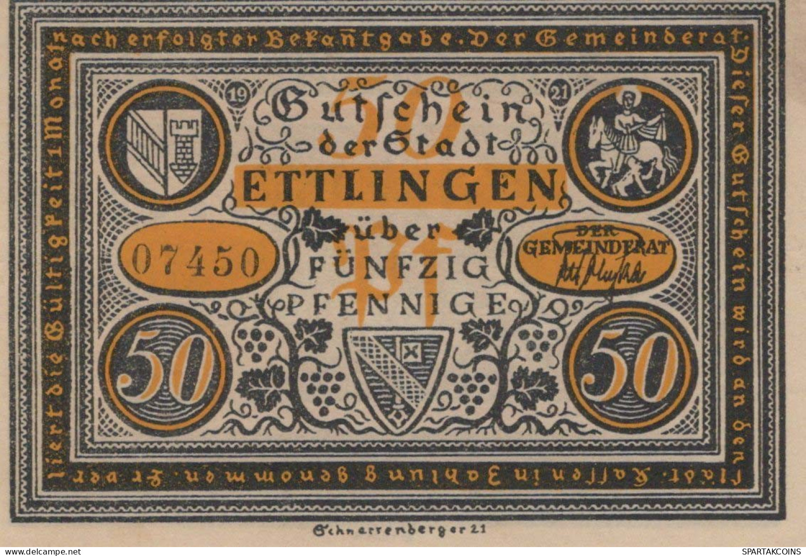 50 PFENNIG 1921 Stadt ETTLINGEN Baden UNC DEUTSCHLAND Notgeld Banknote #PB367 - [11] Local Banknote Issues