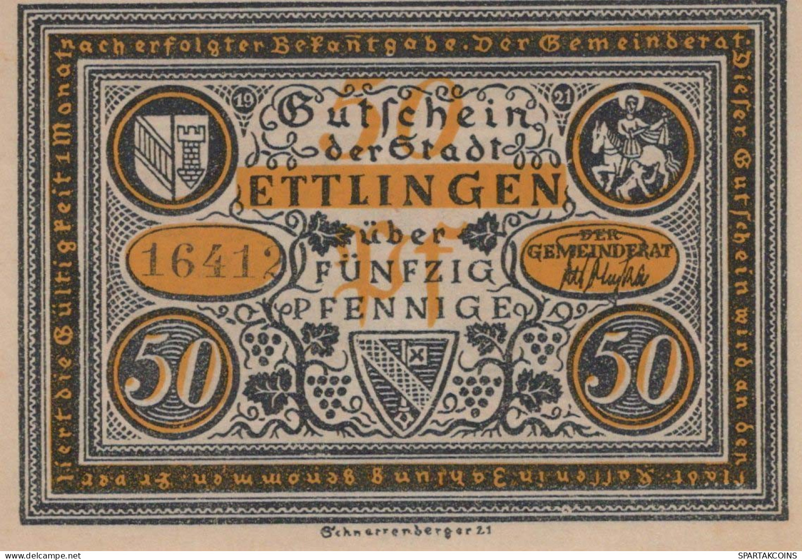 50 PFENNIG 1921 Stadt ETTLINGEN Baden UNC DEUTSCHLAND Notgeld Banknote #PB365 - [11] Local Banknote Issues