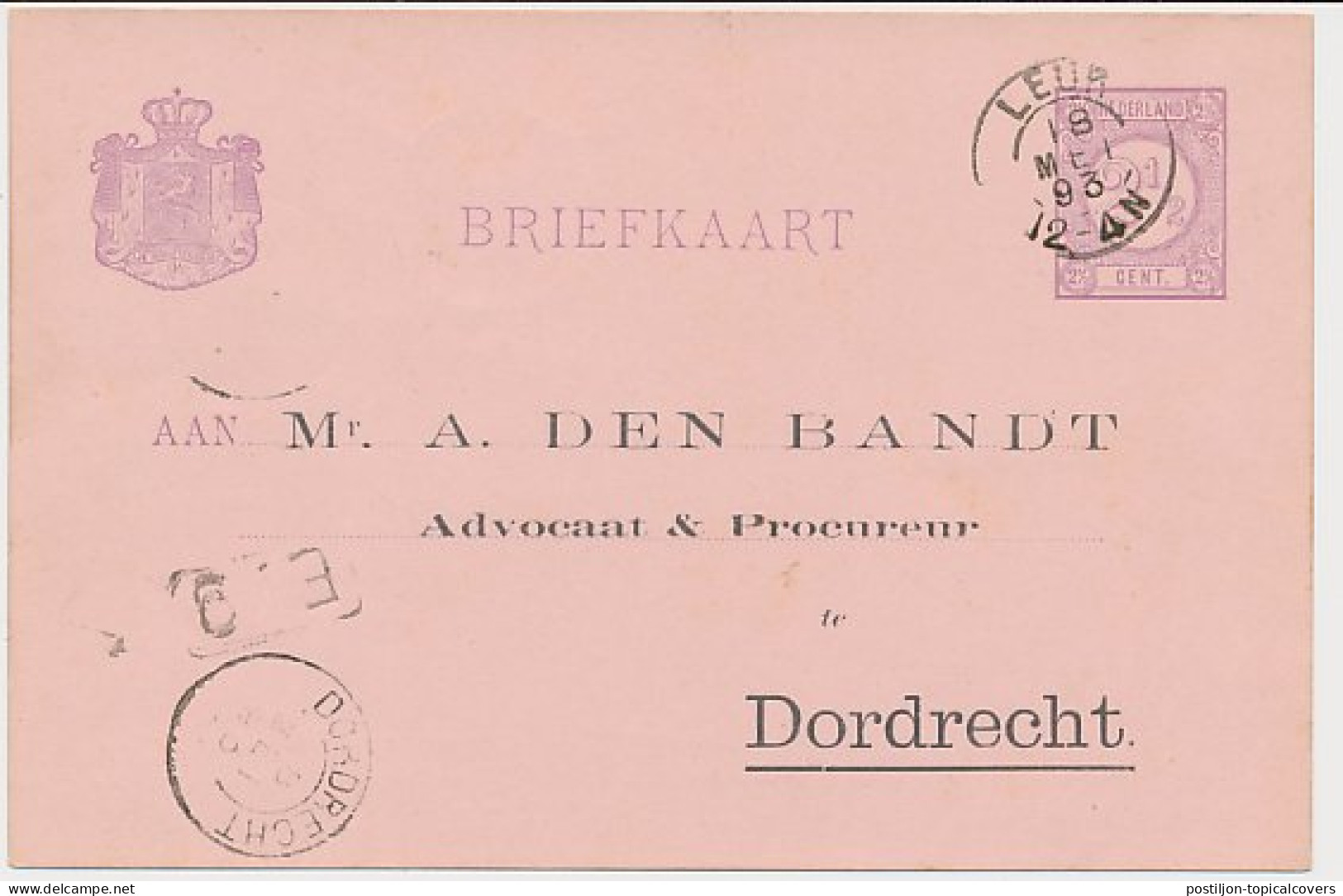 Briefkaart G. 23 Particulier Bedrukt Dordrecht 1893 - Entiers Postaux