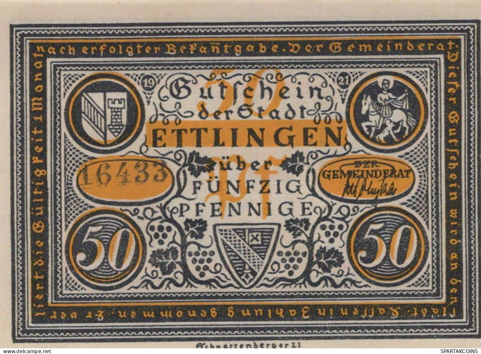 50 PFENNIG 1921 Stadt ETTLINGEN Baden UNC DEUTSCHLAND Notgeld Banknote #PB361 - [11] Local Banknote Issues