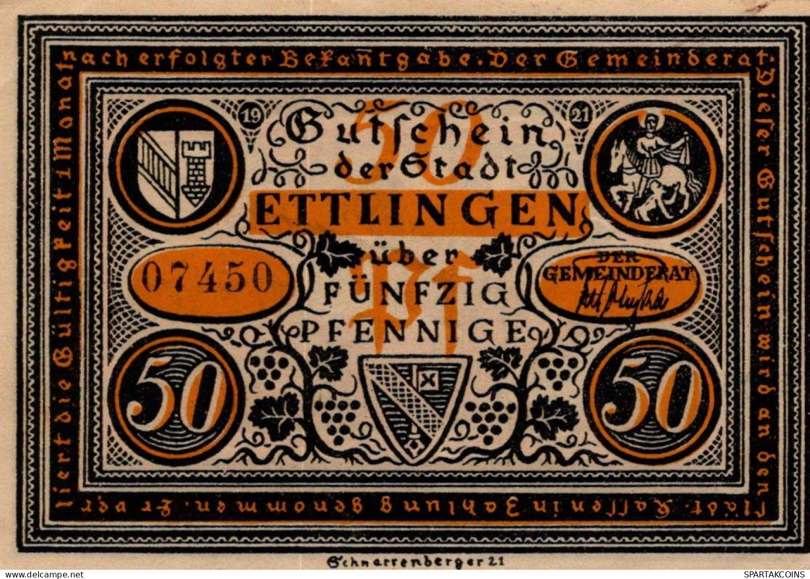 50 PFENNIG 1921 Stadt ETTLINGEN Baden UNC DEUTSCHLAND Notgeld Banknote #PB362 - [11] Local Banknote Issues