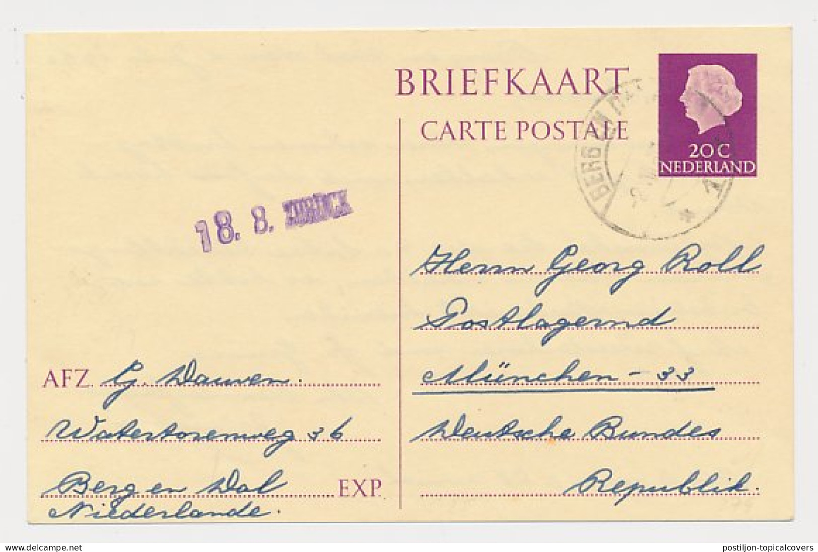 Briefkaart G. 327 Berg En Dal - Duitsland 1960 Poste Restante - Entiers Postaux
