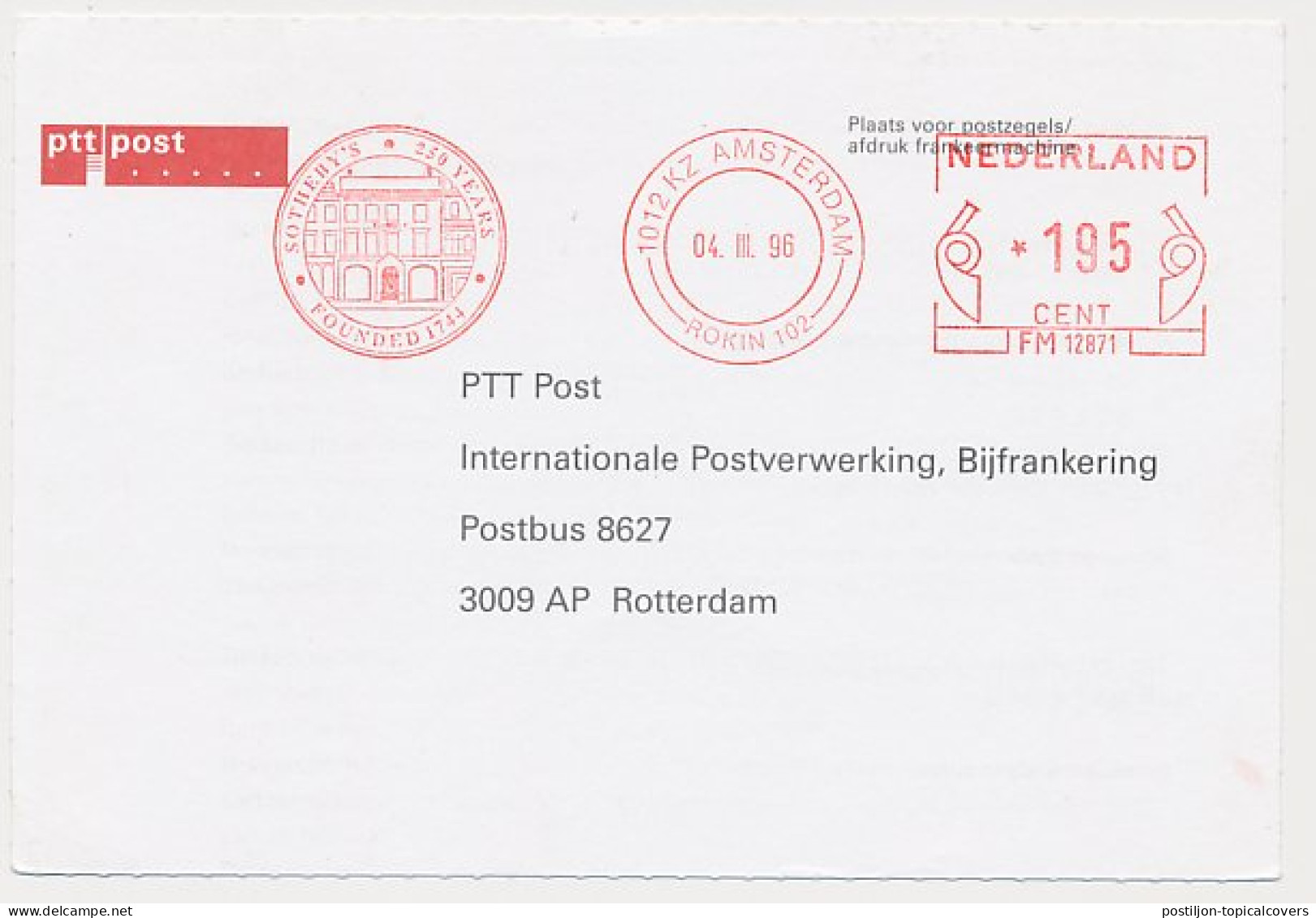Postage Due Meter Card Netherlands 1996 Sotheby S - Auctioneers - Other & Unclassified