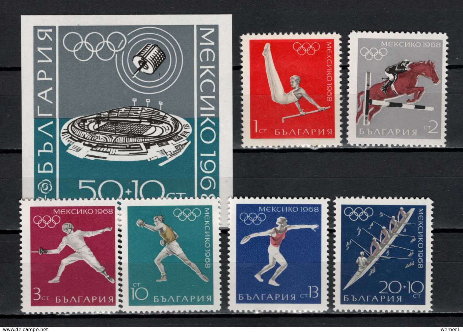 Bulgaria 1968 Olympic Games Mexico, Space, Equestrian, Fencing, Rowing Etc. Set Of 6 + S/s MNH - Summer 1968: Mexico City