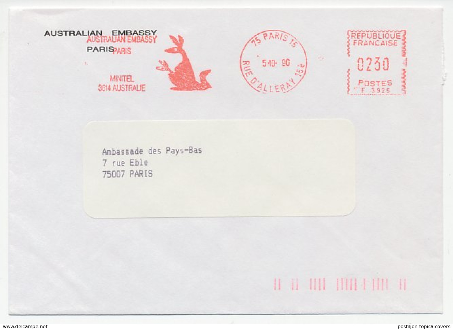 Meter Cover France 1990 Kangaroo - Australian Embassy - Other & Unclassified