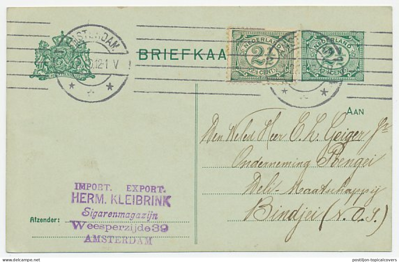 Briefkaart G. 80 A I / Bijfrankering Amsterdam - Ned. Indie 1910 - Entiers Postaux