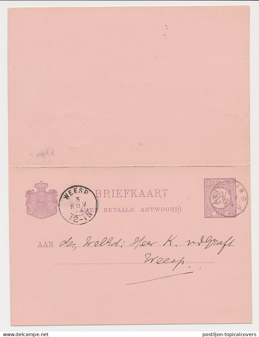 Briefkaart G. 35 Amsterdam - Weesp 1894 - Entiers Postaux