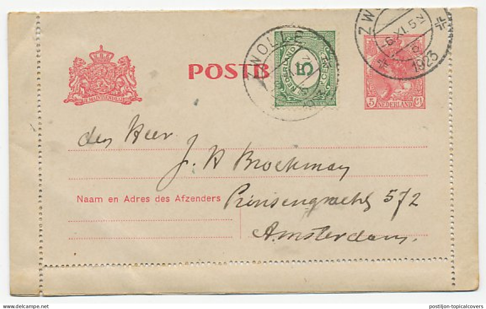 Postblad G. 14 / Bijfrankering Zwolle - Amsterdam 1923 - Entiers Postaux