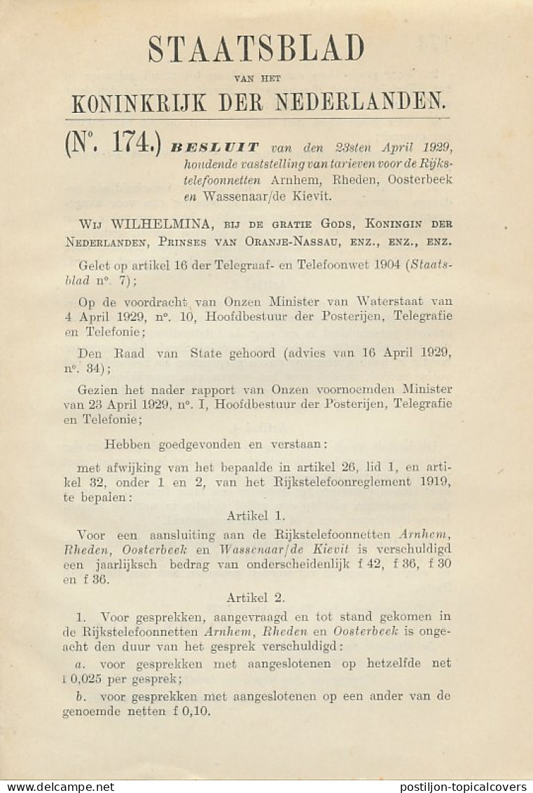 Staatsblad 1929 : Rijkstelefoonnet Arnhem - Wassenaar Enz. - Historical Documents