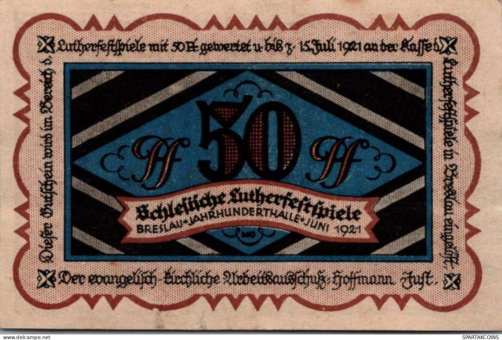 50 PFENNIG 1921 Stadt BRESLAU Niedrigeren Silesia UNC DEUTSCHLAND Notgeld #PA313 - [11] Local Banknote Issues