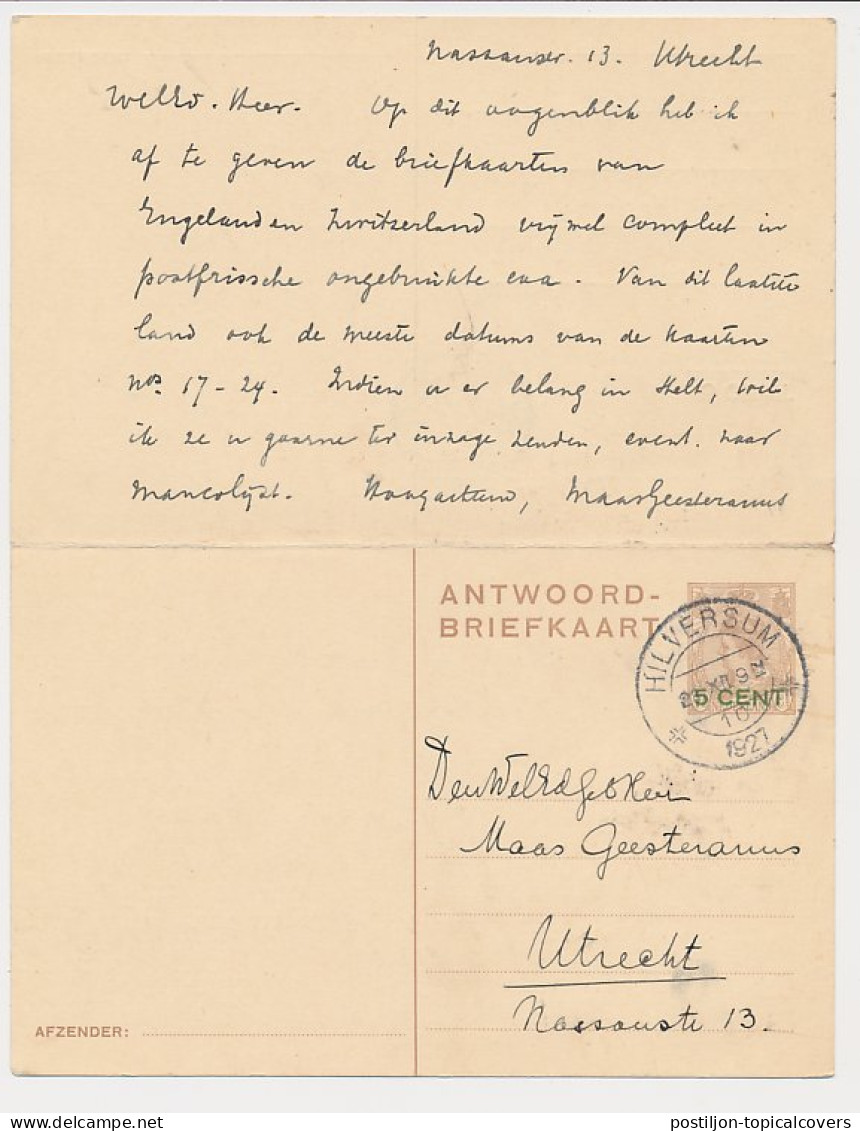 Briefkaart G. 221 Utrecht - Hilversum 1927 V.v. - Entiers Postaux