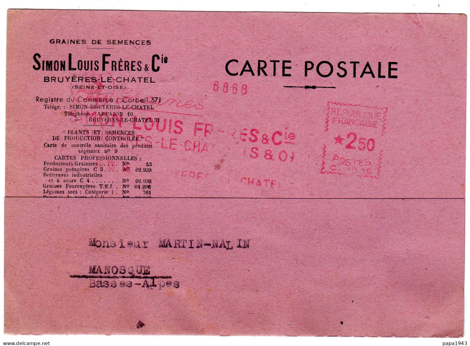 1946  C P " Simon LOUIS  Freres & Cie  De BRUYERES LE CHATEL "  Envoyée à MANOSQUE - Covers & Documents