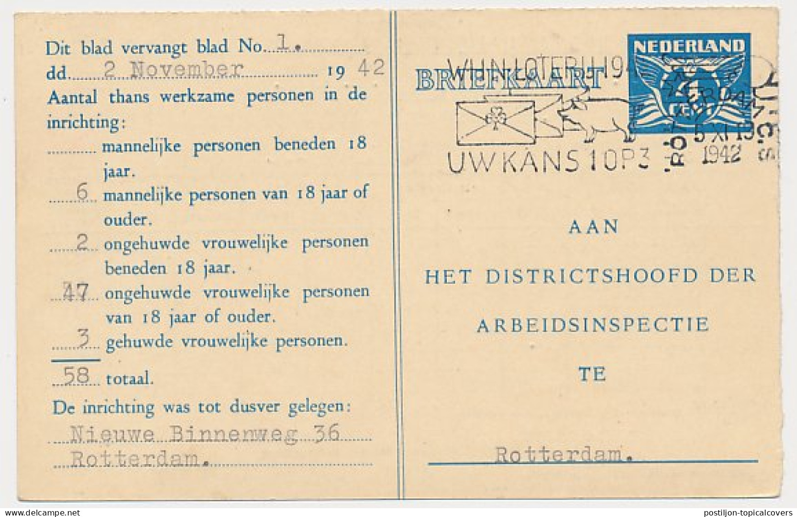 Arbeidslijst G. 18 Locaal Te Rotterdam 1942 - Entiers Postaux