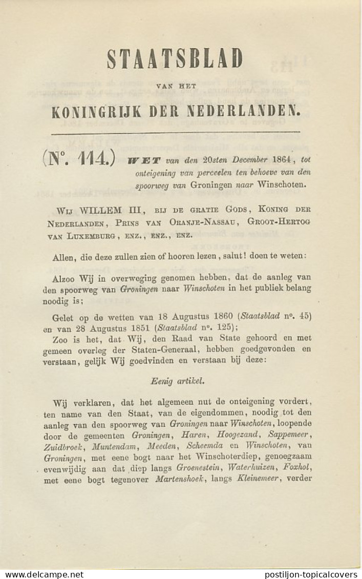 Staatsblad 1864 : Spoorlijn Groningen - Winschoten - Historical Documents